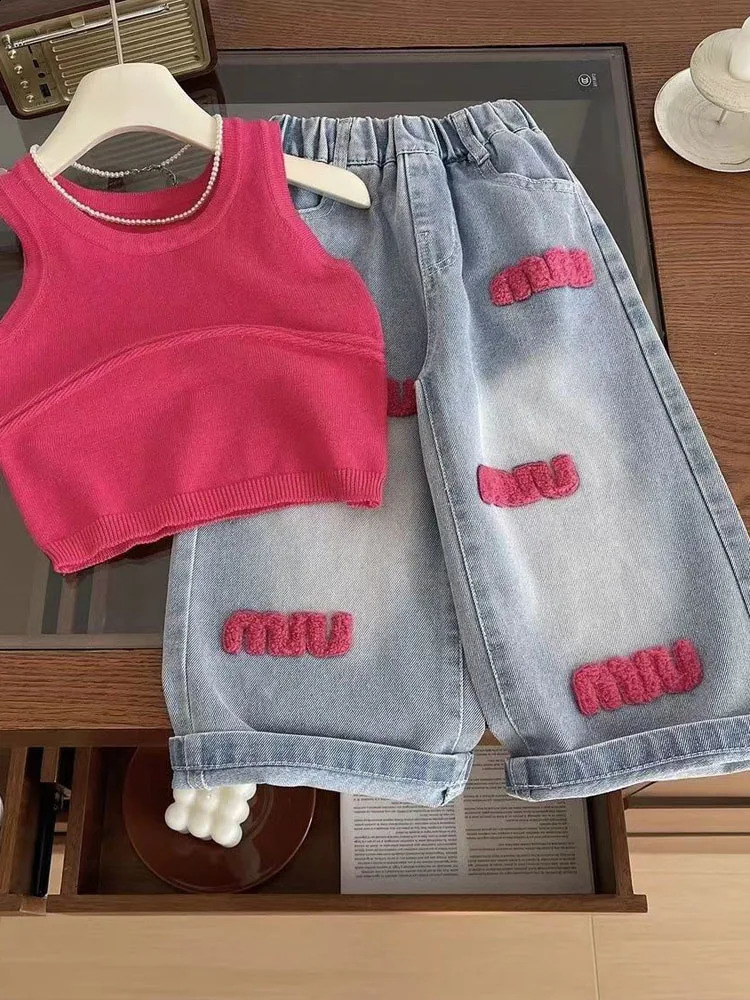 Girls Summer Set Knitted Suspender Vest Jeans Twopiece For Childrens Girl Clothes Clothing Kids 250117