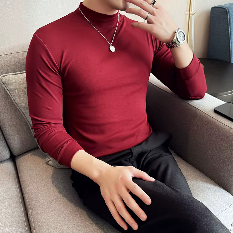 Male Designer T-shirt Korean Clothing High Elasticity High Neck Slim Fit Long Sleeved Men's T-shirt Casual Top