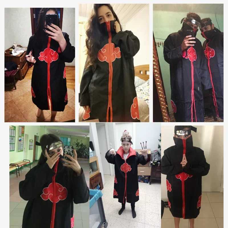 Anime Ninja Cosplay Costume Halloween Dawn Organization Robe Embroidered Red Cloud Cloak Unisex Black Robe Necklace Ring W250117