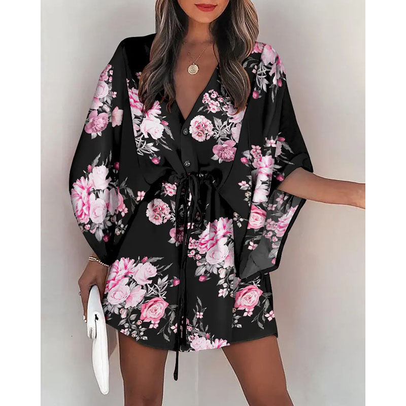2025 New Outdoor Casual Dress Personality Women's Summer Women's Designer Flying Sleeve V-neck Lace Up Printed Beach Skirt