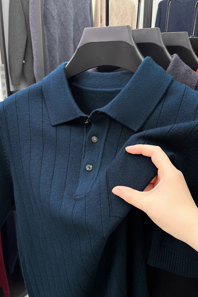 High quality mens short sleeved knitted polo shirt autumn style pullover striped korean flip collar sweater T-shirt 250122