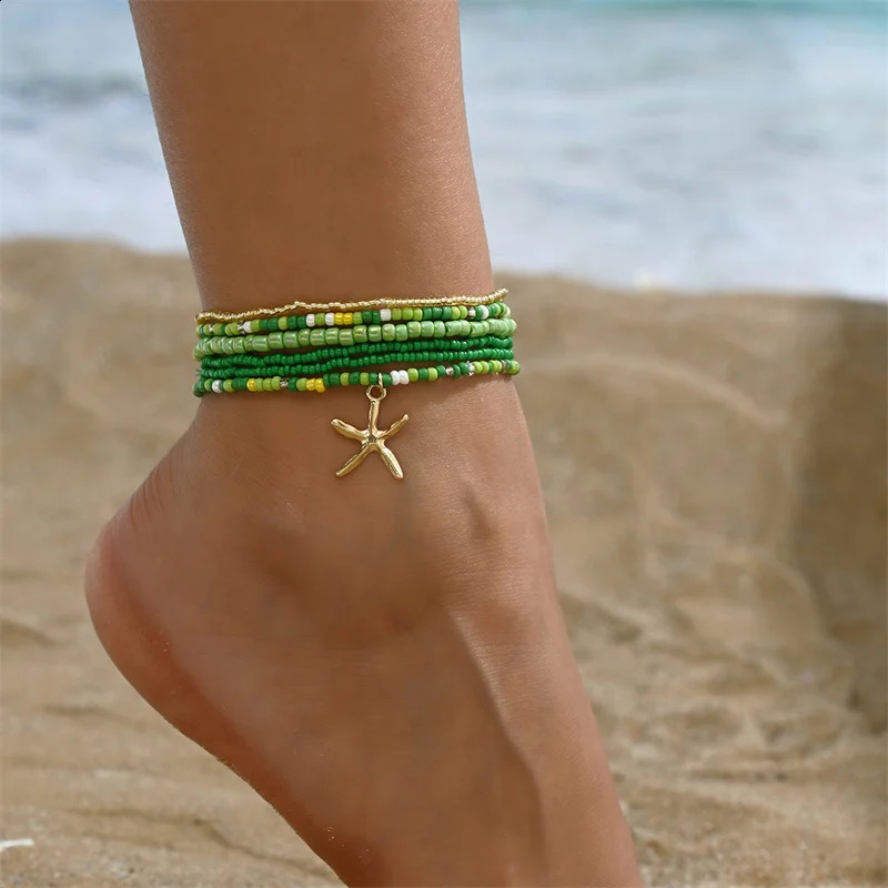 Bohemia Multilayer Rice Bead Anklet Set for Women Fashion Starfish Pendant Anklets Summer Sandy Beach Ankle Chain On Leg Jewelry 250114