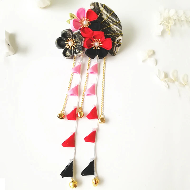 Japanese Kimono Handmade Fabric Flower Folding Fan Hair Accessories Clip Tassel Headwea Headdress Barrette Yukata Festvial Deco 250120