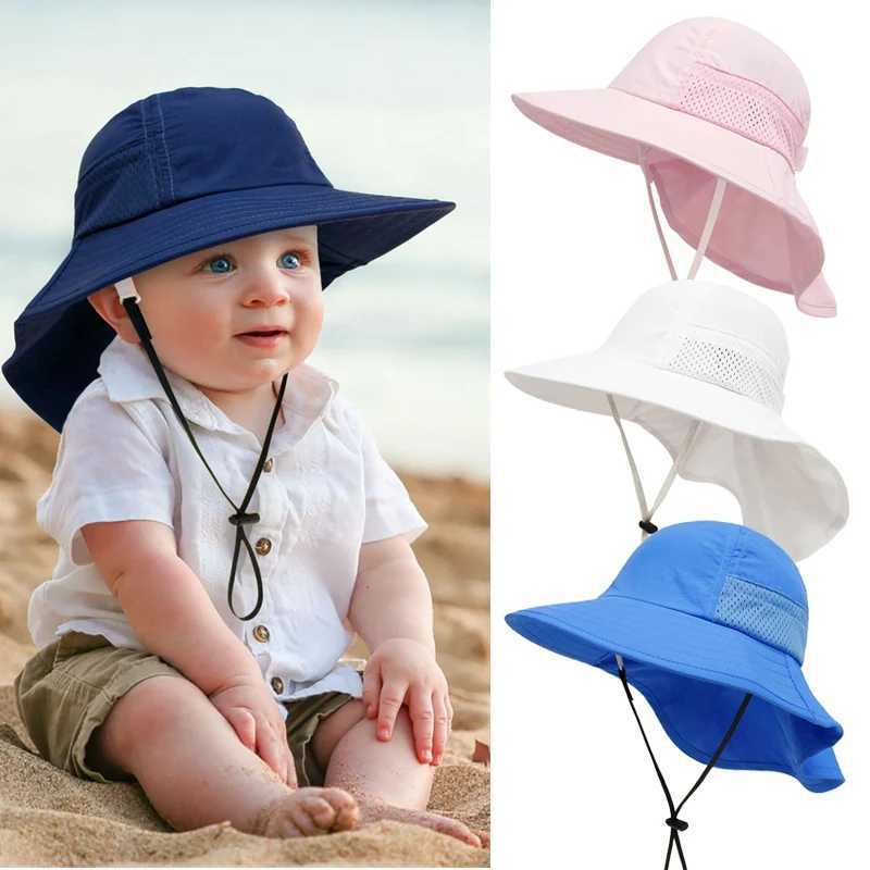Spring Summer Baby Hat Beach Sun Protection Neck Kids Bucket Hats for Girls Boys Adjustable Children Cap Baby Accessories 6M-6Y T250121