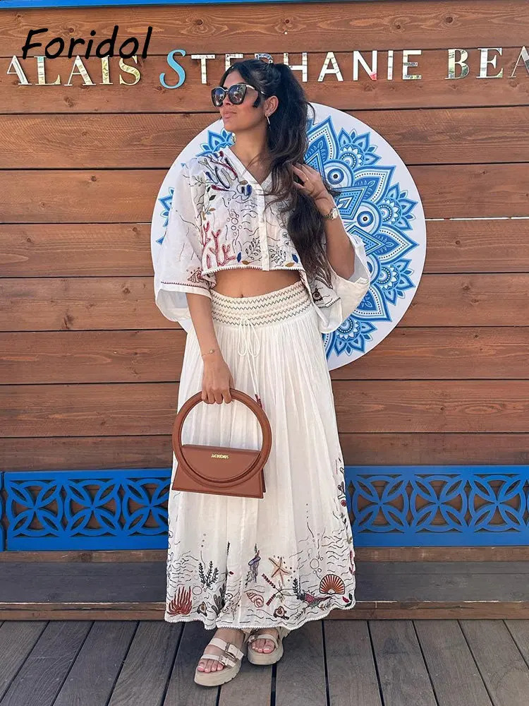 Foridol Marine Organism Embroidered Batwing Sleeve Summer Spring Long Dress Set Cotton White Tassel Dress Set Button Set 250110