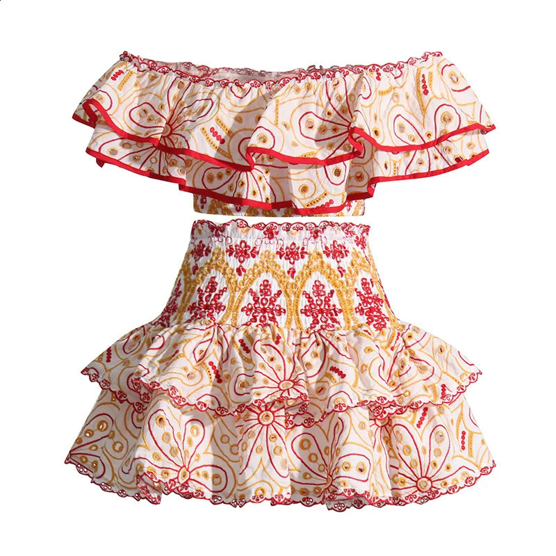JAMERARY Floral Two Piece Women Dress Summer Cotton Embroidery Sexy Slash Neck Ruffles Short Skirts Suits Beach Crop Tops 250118