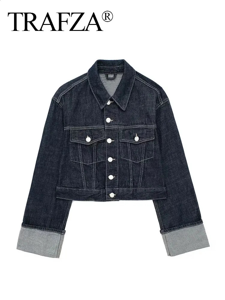 TRAFZA Women Vintage Denim Jacket Single Breasted Lapel Long Sleeve Coat With Pockets Dark Blue Denim Jacket Fashion High Street 250122