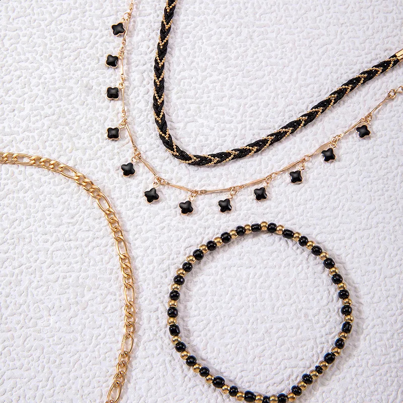 Tocona Simple Black Crystal Stone Anklet Set for Women Girl Charms Rope Geometric Multilayer Foot Chains Jewelry 24189 250114