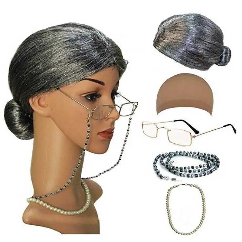 Girls Old Lady Costume Kit With Nightgown Wig Cane Other Halloween Cosplay Accessories W250117