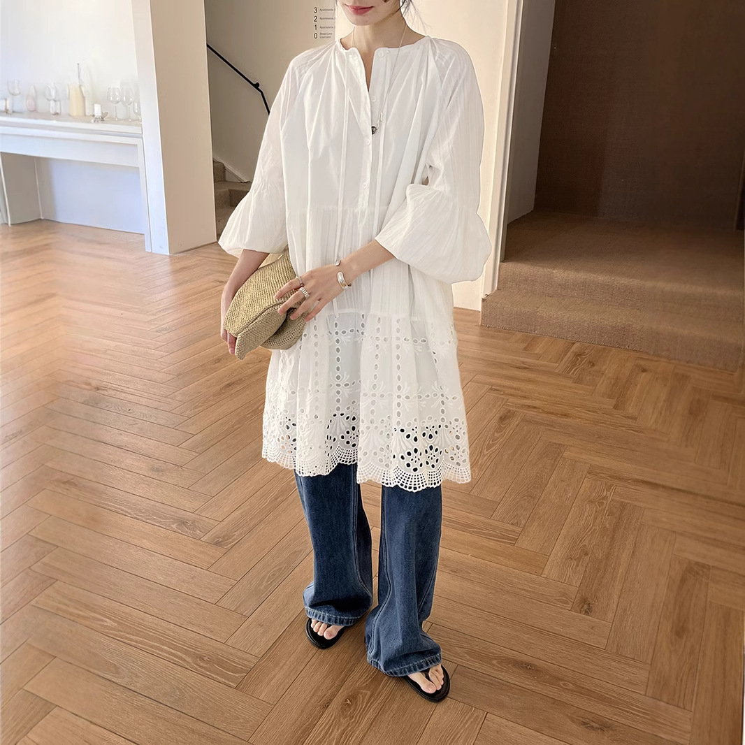 2025 New Women's Early Spring Thirteen Rows 100% Cotton Korean Designer Hollow Embroidery Lantern Sleeves Loose Beach Skirt Swinging Dress