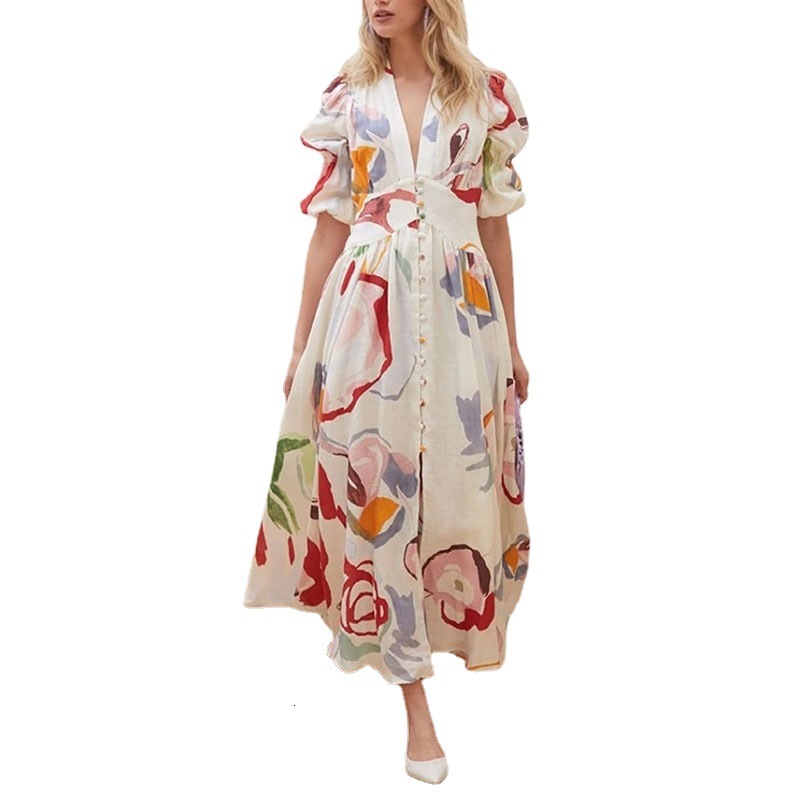 2025 New Women's Beach Skirt Designer Slim Fit Big Swing Four Sided Spring Printed Long Skirt