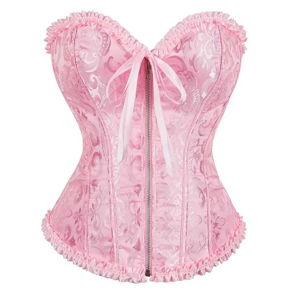 Pink Corset Top Bustier Zipper Sexy Womens Plus Size Overbust Corset Lace up Floral Gothic Brocade Vintage Fashion Medieval W250120