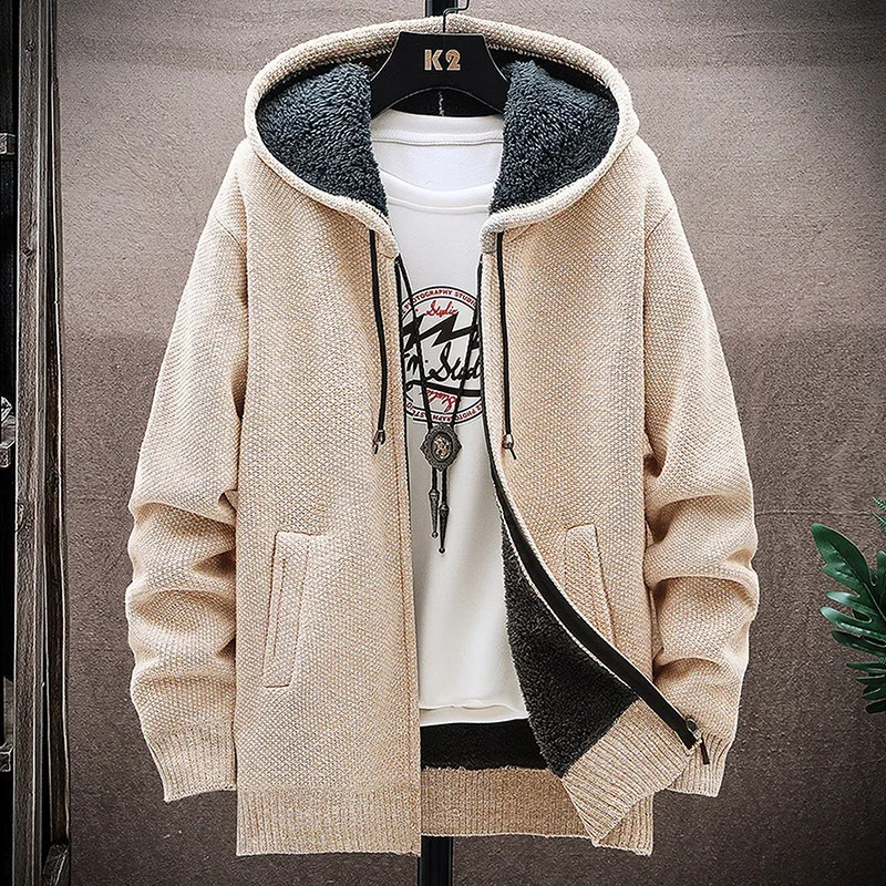 Men Hooded Cardigan Sweater Jacket Coat 2024 Winter Fleece Thick Warm Solid Casual Knitted Cardigan Outerwear Men Clothing 250116