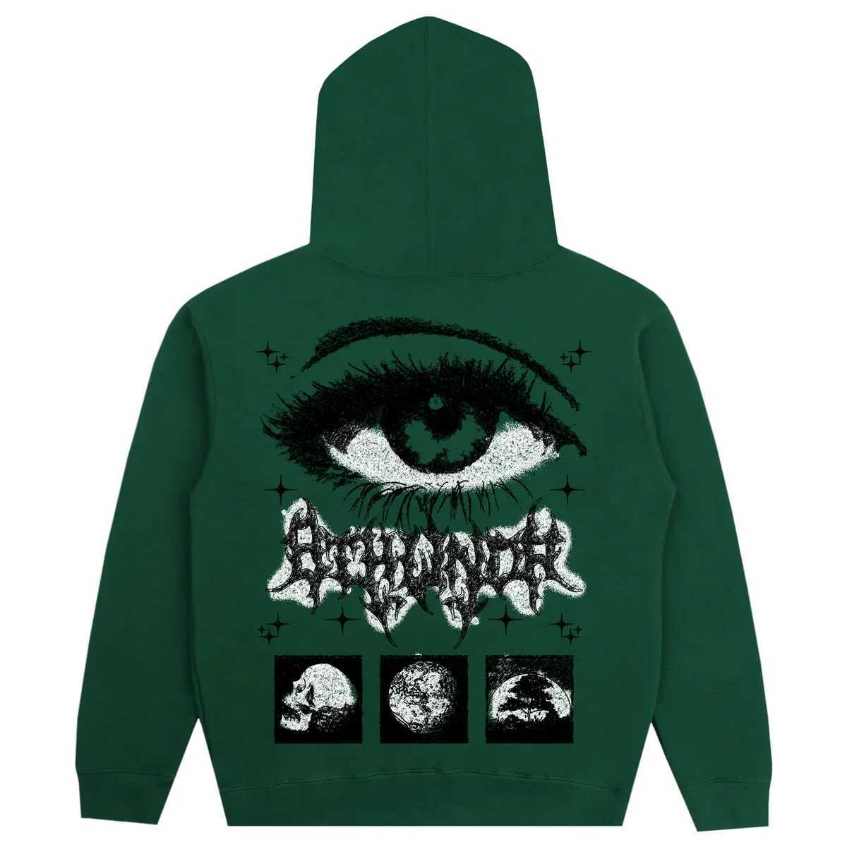 American Simple Goth Eyes Hand-painted Style Printed Green Hoodie Womens Spring Trend Y2K Hip-hop Street Sports Pullover W250117