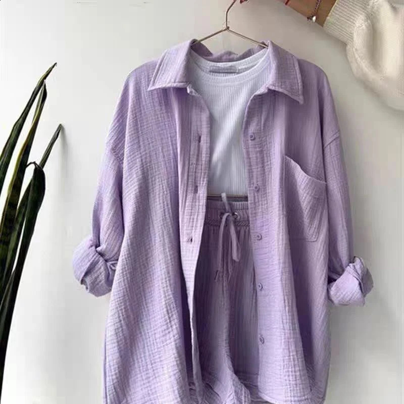 Wrinkled Shirt And Blouses Woman Long Sleeve Pockets Top Lace-up Wide Leg Short Pants 2-Pieces Solid Casual Sets Office Lady 250107