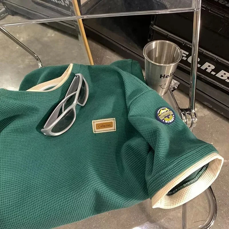 Summer Waffle Short Sleeve T Shirt For Men Vintage Appliques Loose T-shirts Couple Y2K Streetwear Clothes Two-piece Tees 250109