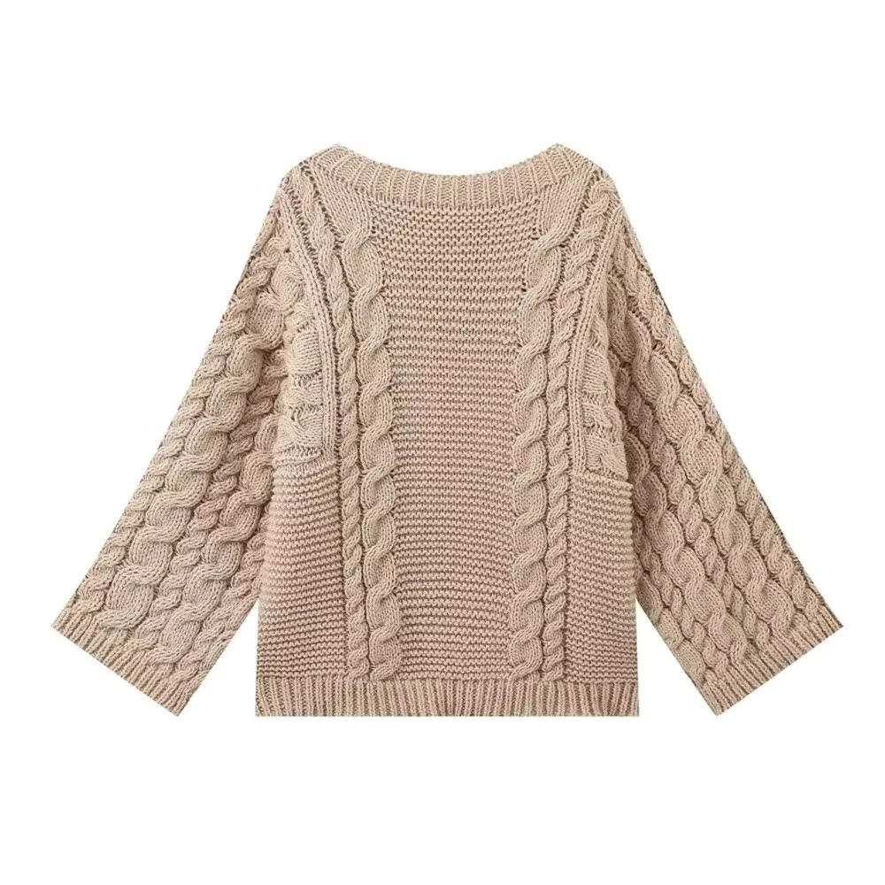 Women's Thick E Big Twist Knitted Loose Sweater Pullover Fashion Casual Crochet Round Neck Sweaters Solid Color New Knitwear