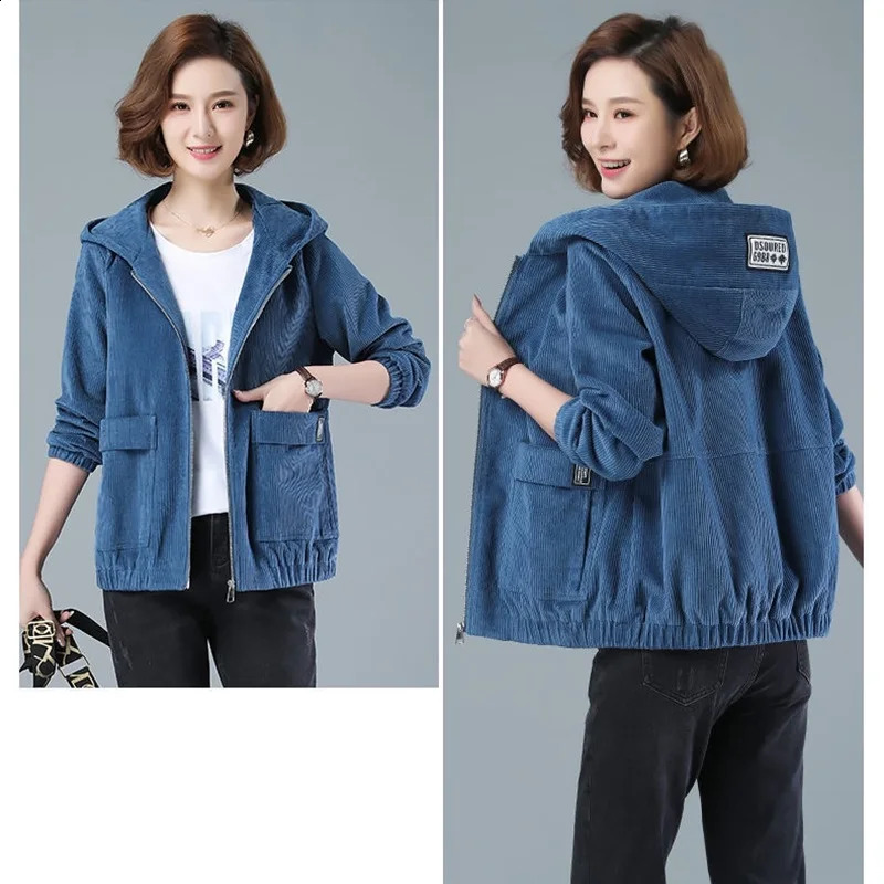 Corduroy Short Coat Womens Spring Autumn Korean Loose Solid Hooded Jacket Fashion Casual Female Zipper Tops 250120wtt