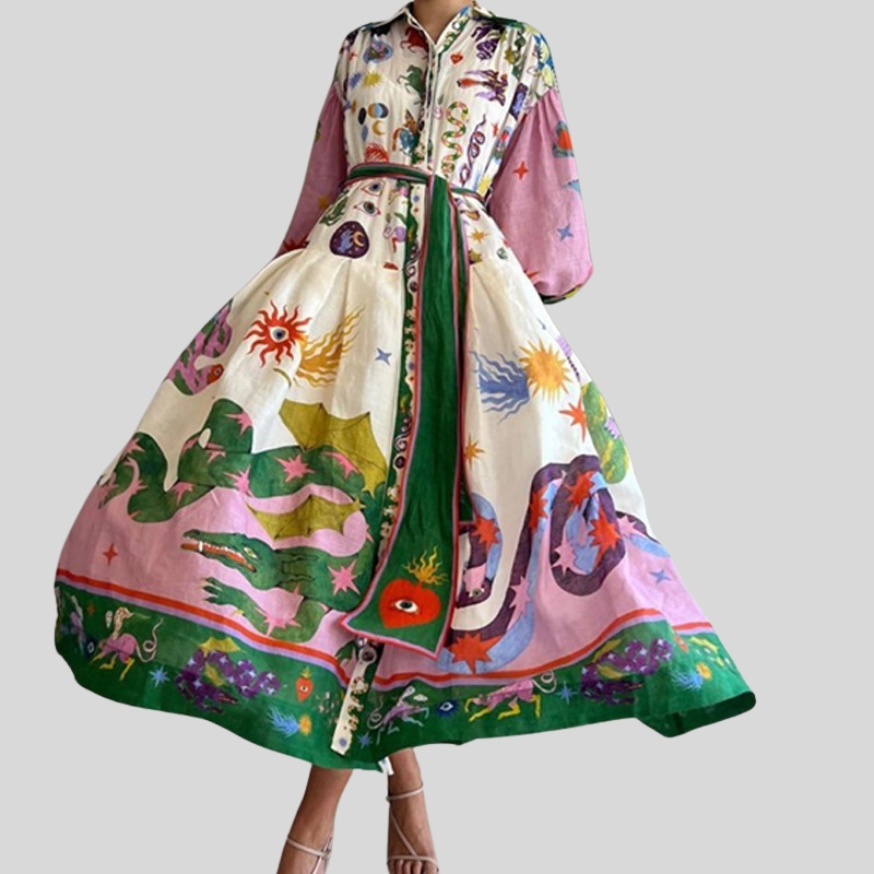 New best-selling European and American women's clothing lantern sleeves printed lapel collar waist long sleeves big pendulum dress women