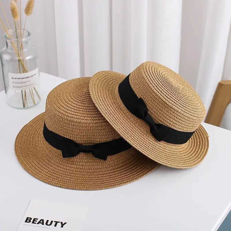New Summer Parent-Child Bucket Cap Women Sun Visor Bowknot Straw Hat Girls Outdoor Beach Travel Sunshade Wide Cap T250121