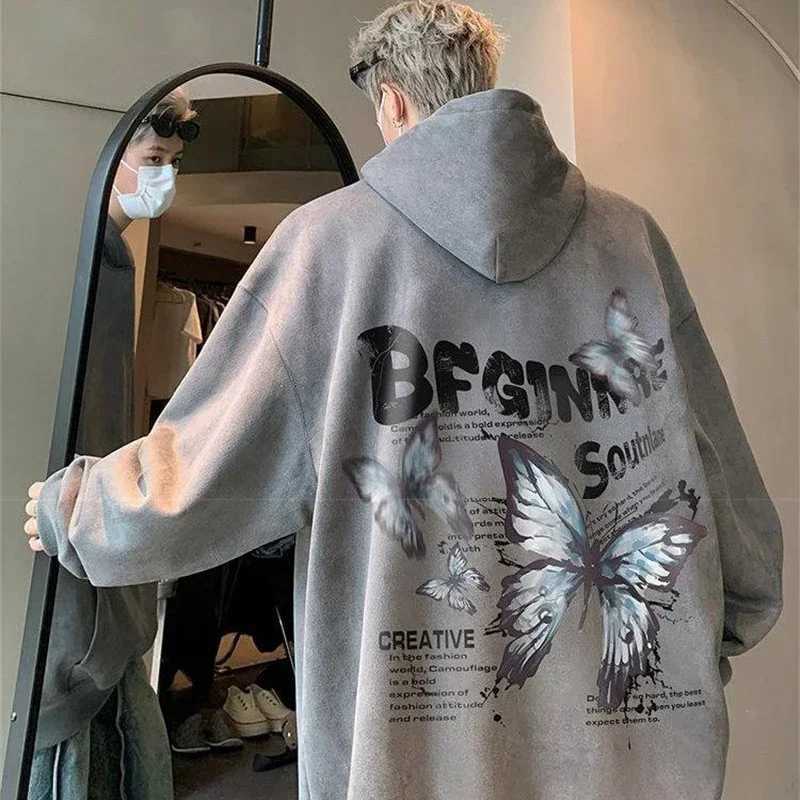 New Creative Butterfly Printed Suede Hoodies For Men Hip Hop Fashion Oversized Hoody Sweatshirts Women Y2K Streetwear Clothes W250117