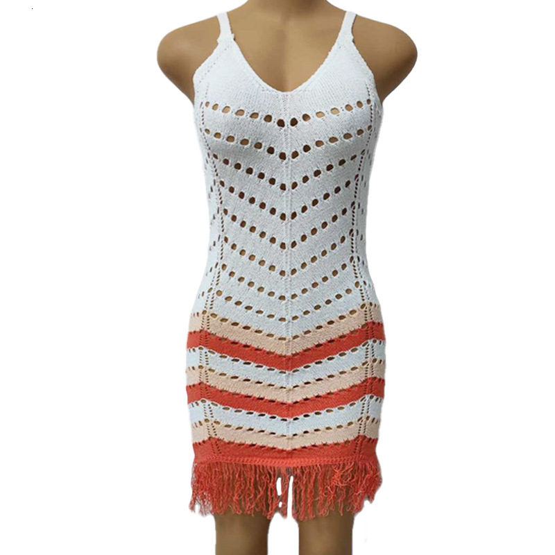 2025 Summer New Designer Knitted Beach Skirt Sunscreen Tassel Striped Tank Top Skirt Sexy Hollow Wool Dress