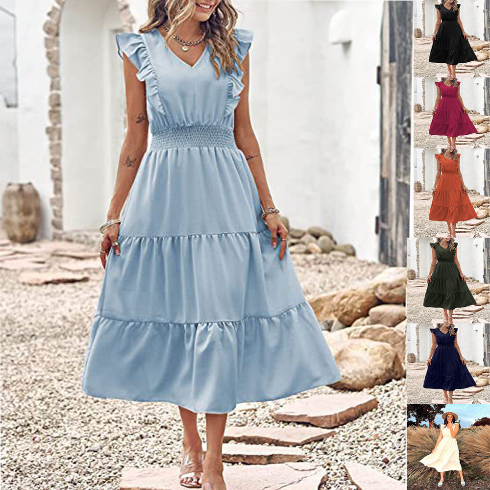 2025 Women's Designer Sleeveless V-neck Women's Elastic Waist Fold Elegant And Sexy Summer Beach Skirt