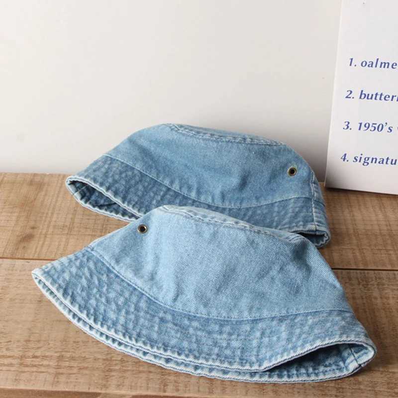 Summer childrens bucket hat boys and girls outdoor childrens sunscreen hat solid color fishing denim cloth hat baby basin beach hat M250121