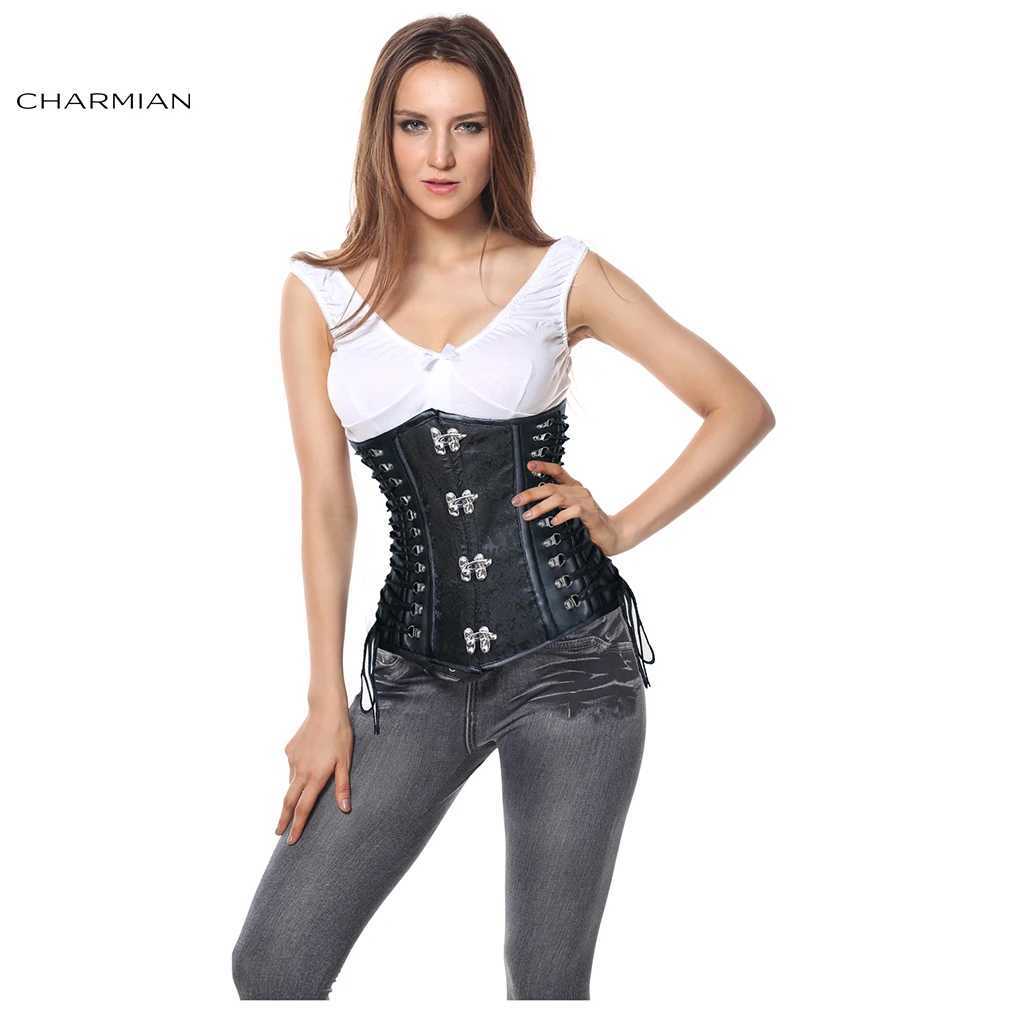 Charmian Steampunk Leather Corset Womens Vintage Plus Size Spiral Steel Boned PVC Corset Underbust Waist Trainer Goth Bustiers W250120
