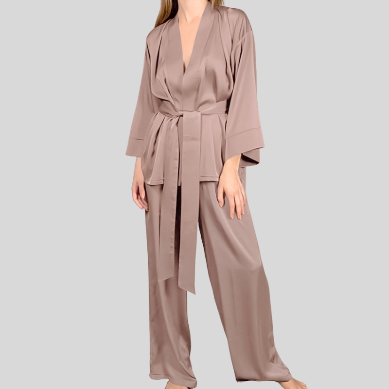 Spring European and American satin cardigan lace-up nightgown pajama pants solid color home set loose women's pajamas