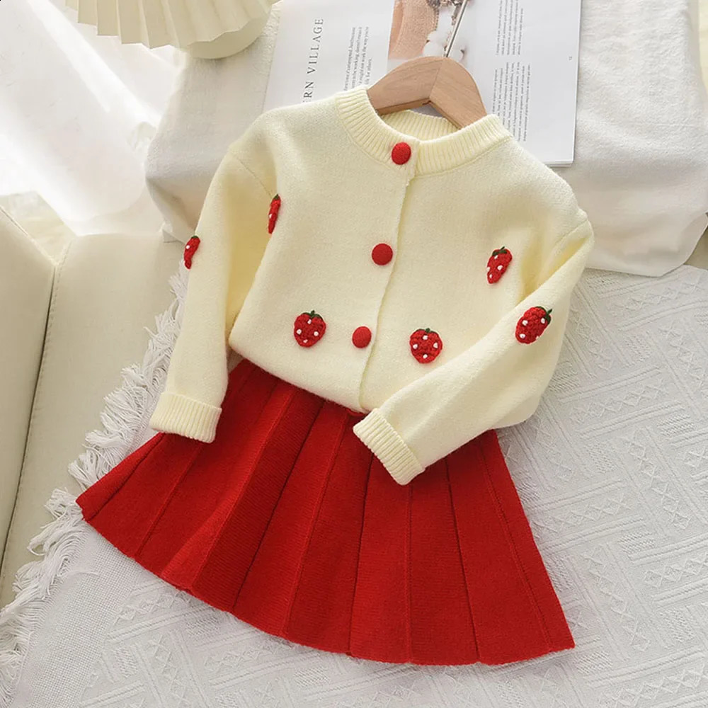 Kids Clothes Girls Winter Childrens Clothing Cartoon Grape Strawberry Decoration Sweater Cardigansolid Color Pleated Skirt Set 250117