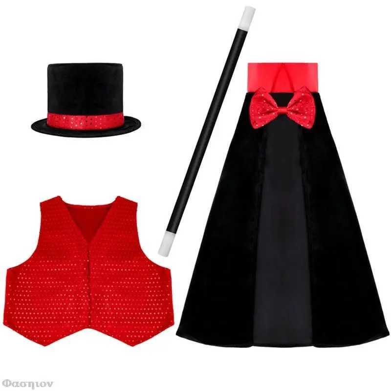 Kids Magician Role Play Cloak Waistcoat Cape Hat Magic Wand Set Jazz Dance Outfit Children School Cosplay Costume Performance W250117
