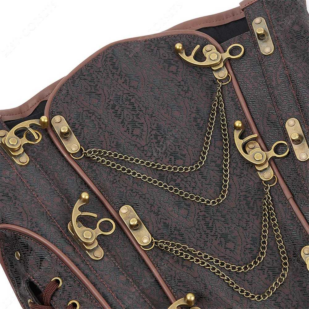 Brown Corset Women Steampunk Faux Leather Underbust Corset Steel Boned Bustier Gothic Chain Couture Corset Underbust W250120