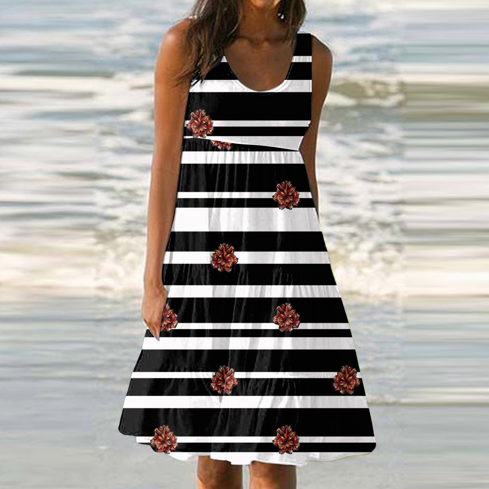2025 Summer New Beach Skirt Women's Designer Natural Scenery Beach Printed A-line Dress