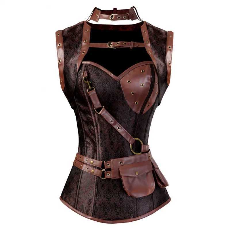 Steampunk Vintage Corset Gothic Clothing Corsets for Women Brown Overbust Top with Zipper Plus Size Retro Faux Leather Corset W250120