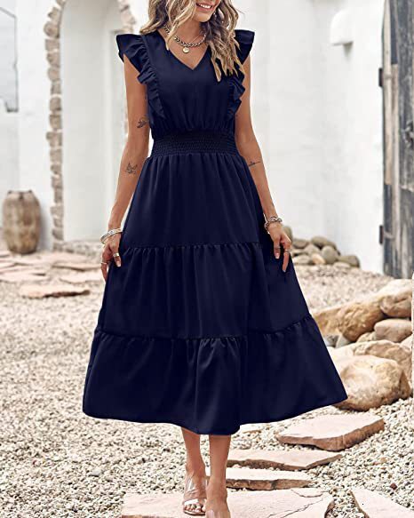 2025 Women's Designer Sleeveless V-neck Women's Elastic Waist Fold Elegant And Sexy Summer Beach Skirt