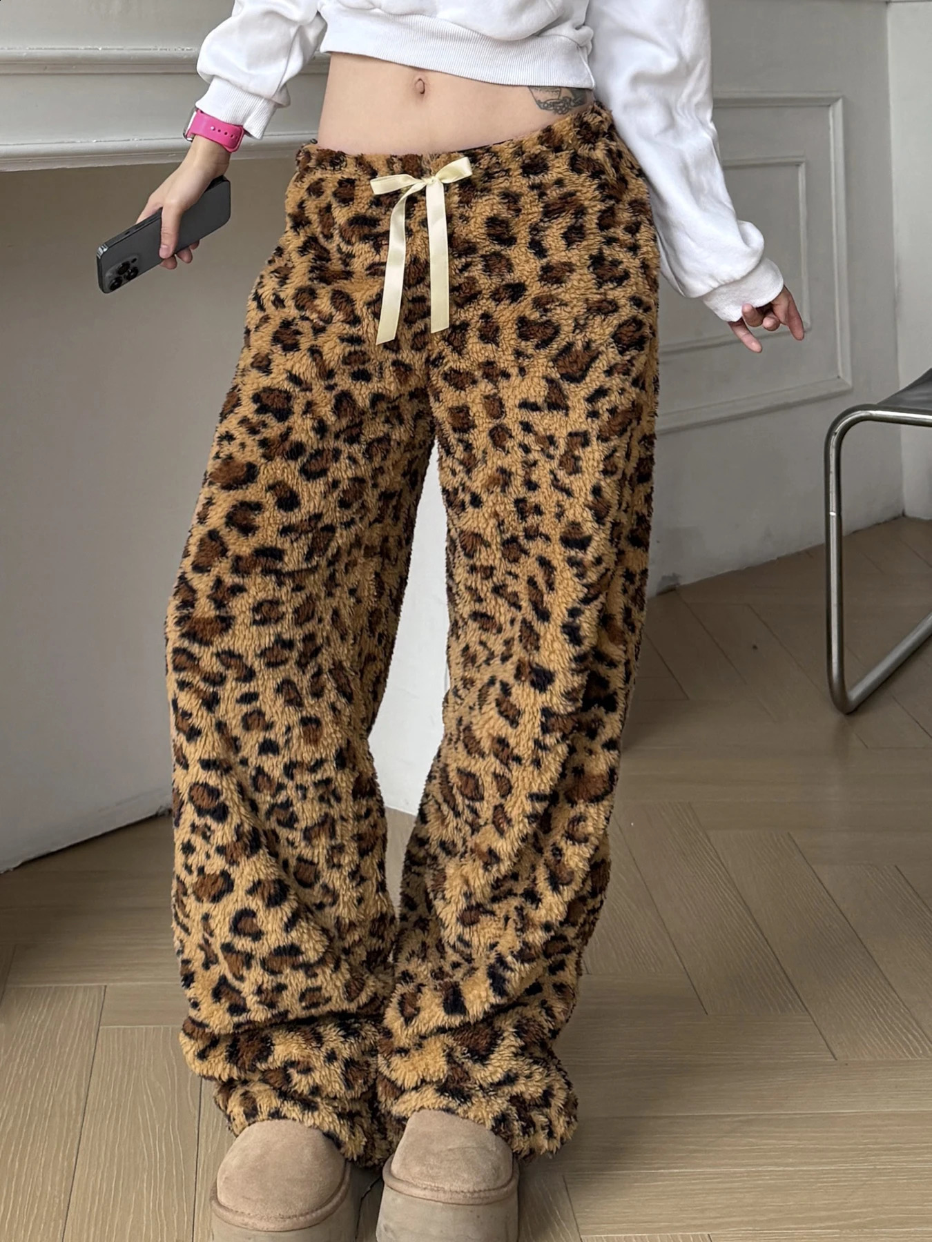 Leopard Velvet Women Loose Long Pants Bow Y2k Retro Fashion Chic Warm Autumn Trousers Street Style 250122