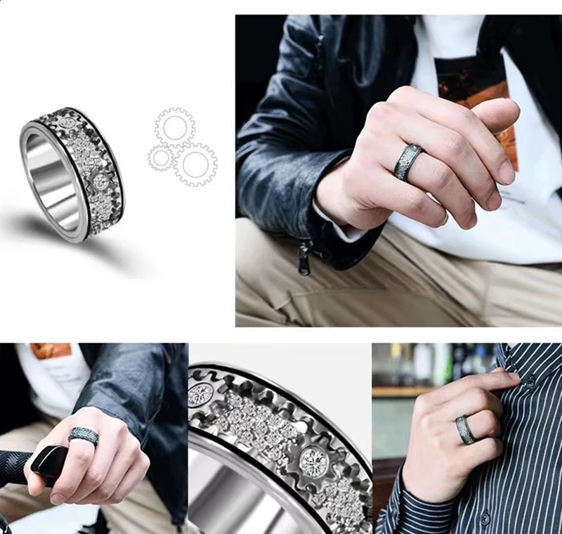 Stainless Steel Gear Wheel Style Ring CZ Zircon Rotating Relieve Stress Artifact Circle For Men Women Unisex-Adult Ring Jewelry 250117