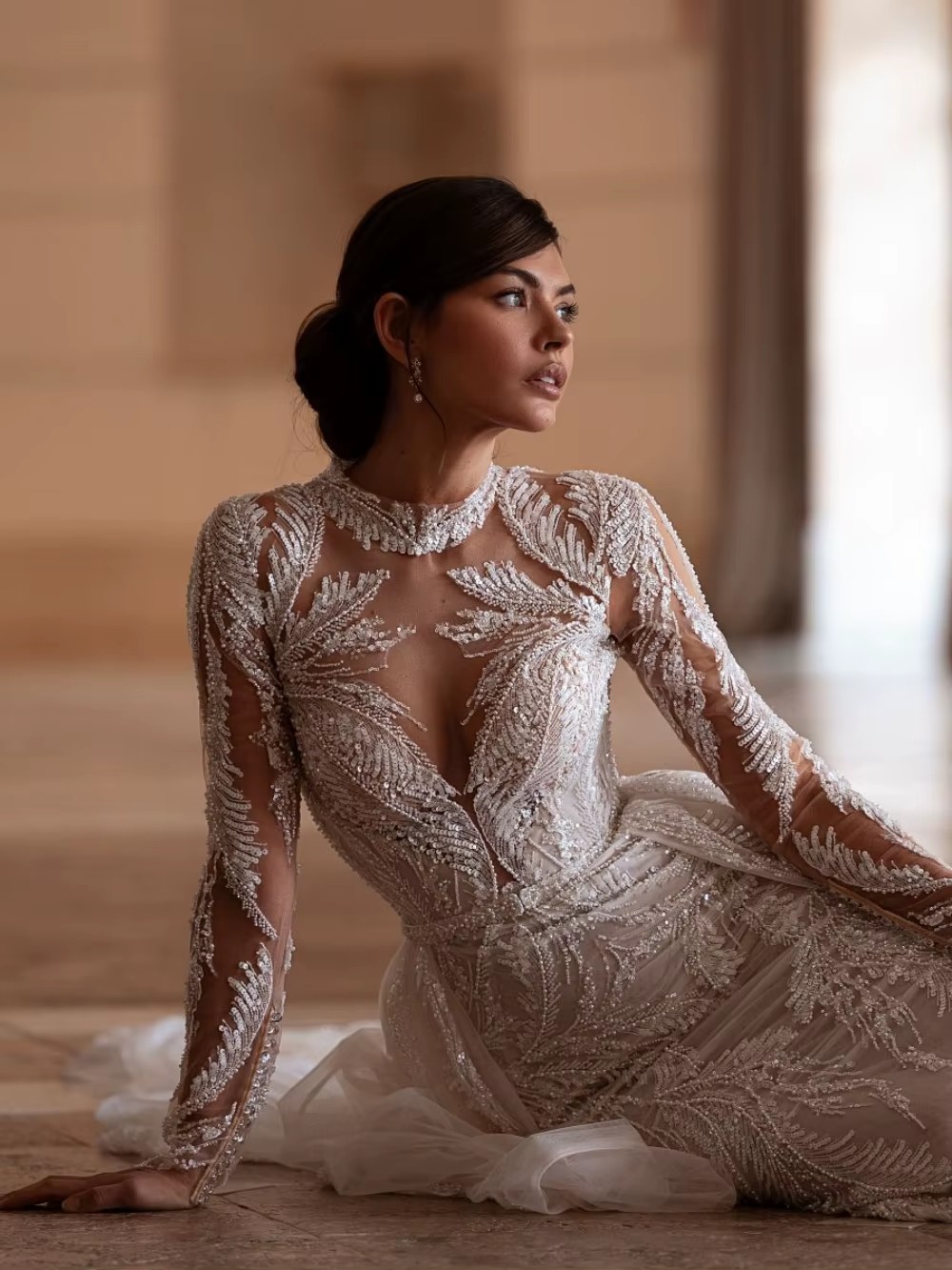 Gorgeous Mermaid Wedding Dresses For Women Jewel Neck Long Sleeves Gown Sequins Detachable Train Customized Dress