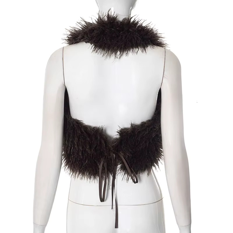 Fluffy Faux Fur Vests For Women Fashion Sexy V-Neck Backless Lace-Up Sleeveless Jackets Crop Top Warm Winter Tank Outerwear Coat