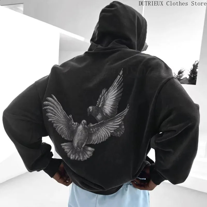 Autumn Oversized Loose Black Mens Hoodie Fashion Eagle Print Large Size Hoodie Pure Cotton Soft Fitness Running Men Sweatshirt 250117