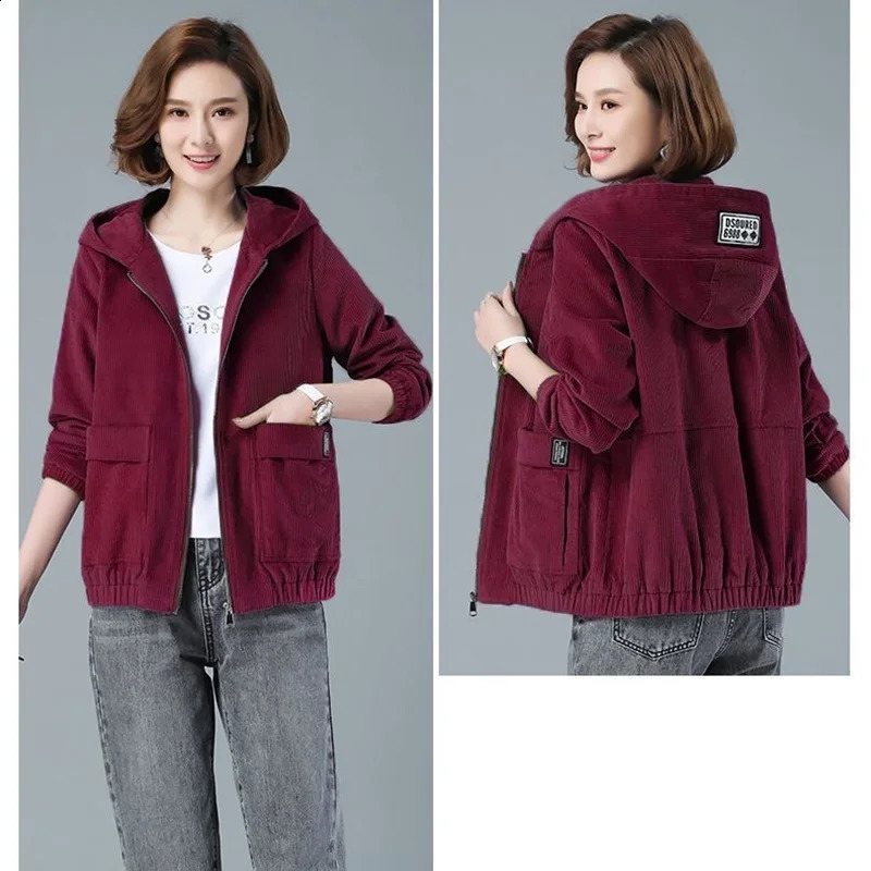 Corduroy Short Coat Womens Spring Autumn Korean Loose Solid Hooded Jacket Fashion Casual Female Zipper Tops 250120wtt
