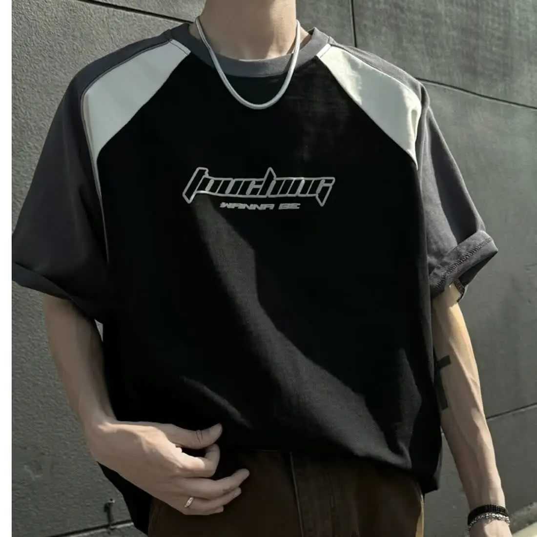 Summer New High Street Trendy Splicing Round Neck Short Sleeve Men and Women Retro Letter Printed Loose Casual T-shirt Top y2k W250117