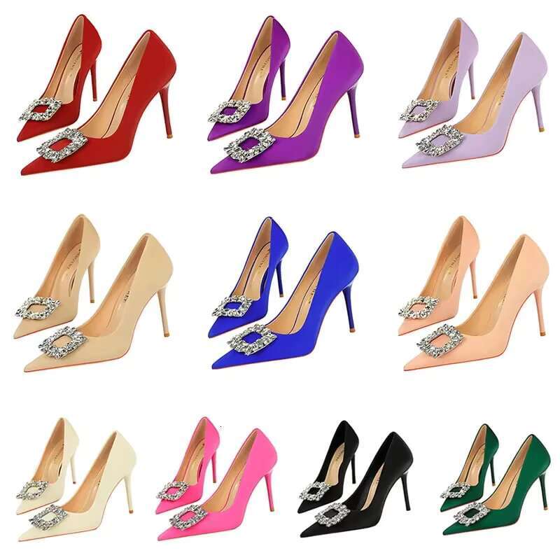 Women Basic 10cm High Heels Wedding Banquet Crystal Bule Pumps Lady Versatile Scarpins Stiletto Fashion Wine Red Purple Shoes