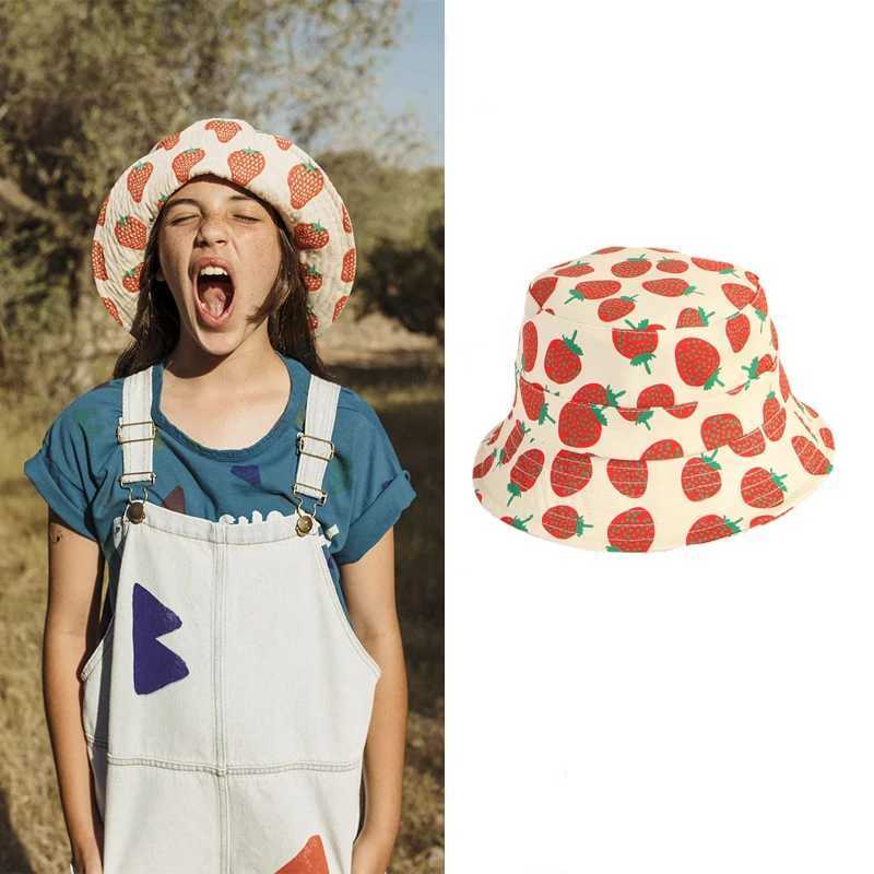 Summer Baby Hat Strawberry All Over Hat Family Look Cotton Bucket Cap Womens Sun Hat M250121