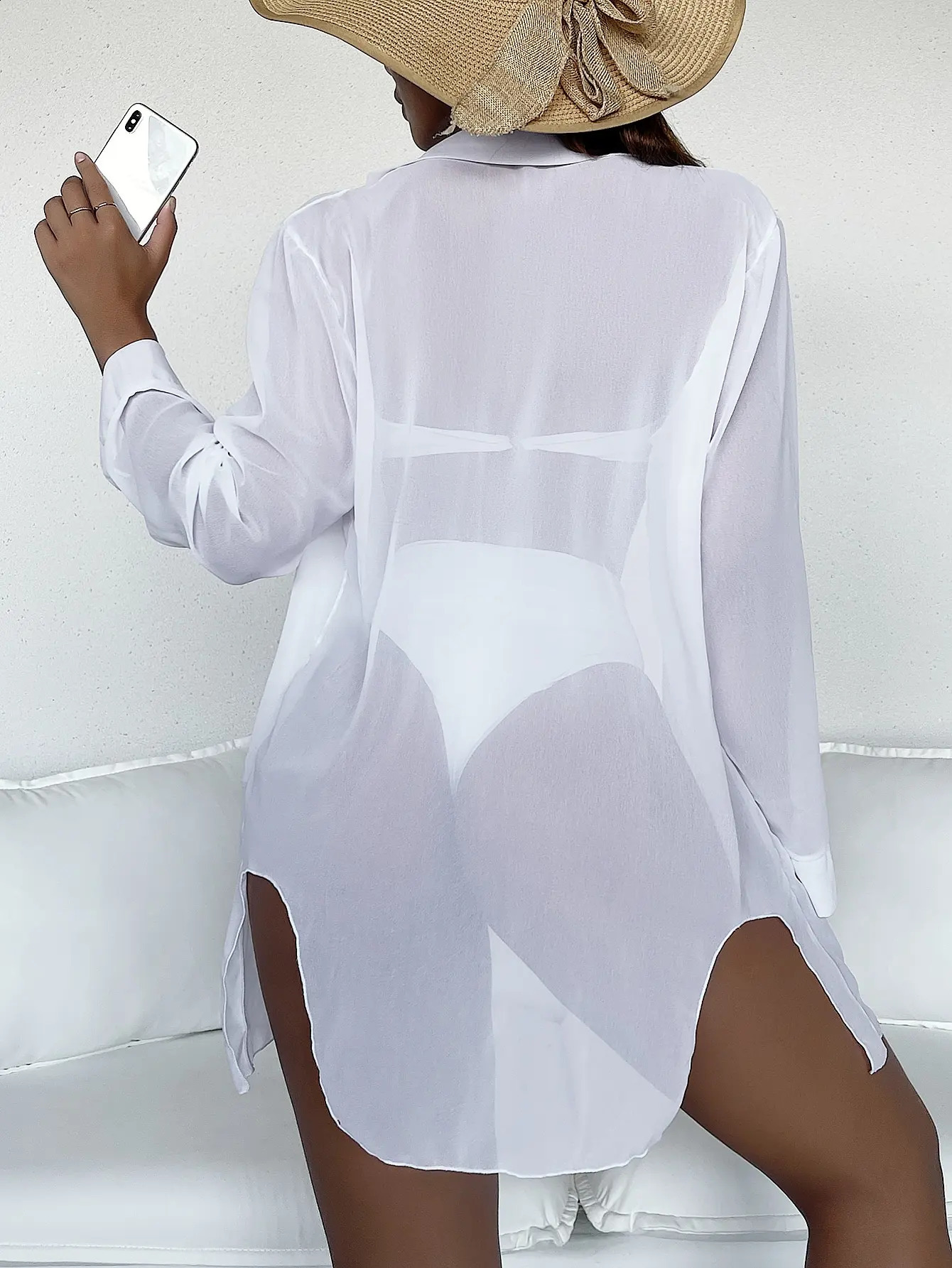 Plain Open Front Kimono Beach Cover Up Women Long Sleeve Tunic Dress 2024 Swimsuit Swimwear Bathing Suit 250122