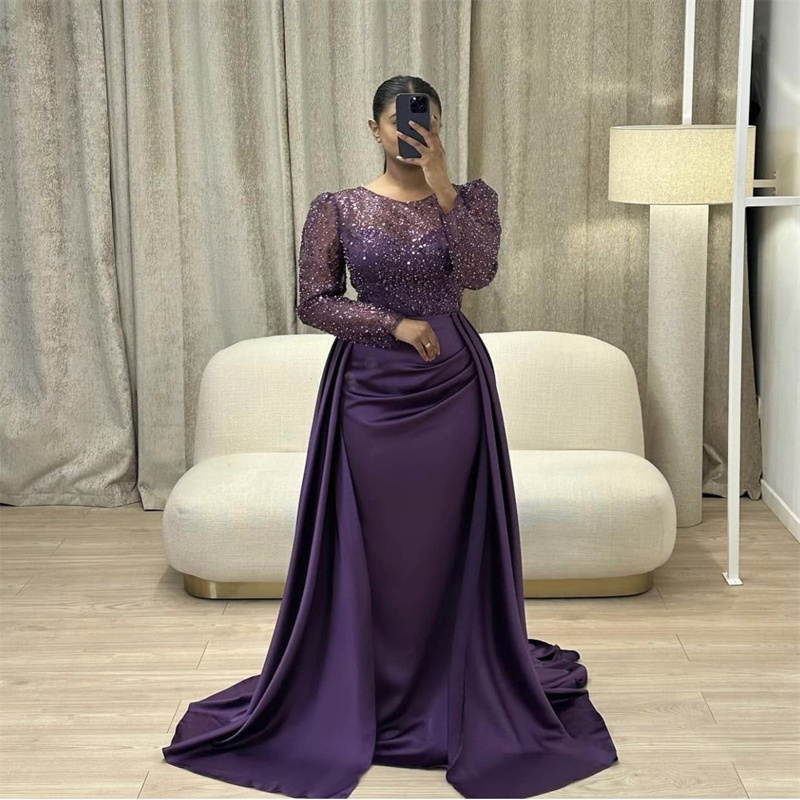 Elegant Saudi Arabic Purple Evening Dress With Overskirt Train Long Sleeve Sequin Mermaid Prom Dress Turkey Abaya Birthday Occasion 2025 vestidos de n
