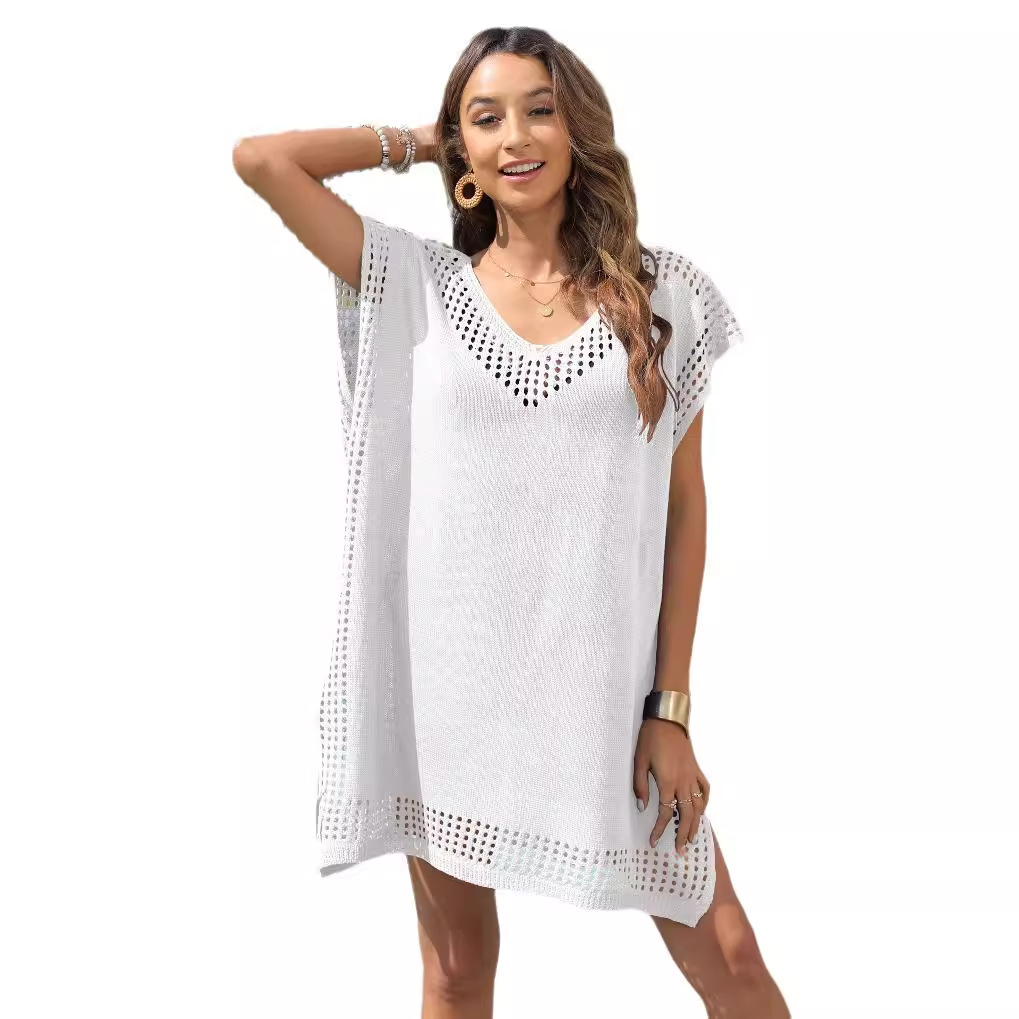 2025 New Designer Covered V-neck Hollow Splicing Loose Women's Sexy Dress Suitable For Seaside Vacation Super Fairy Beach Skirt 720