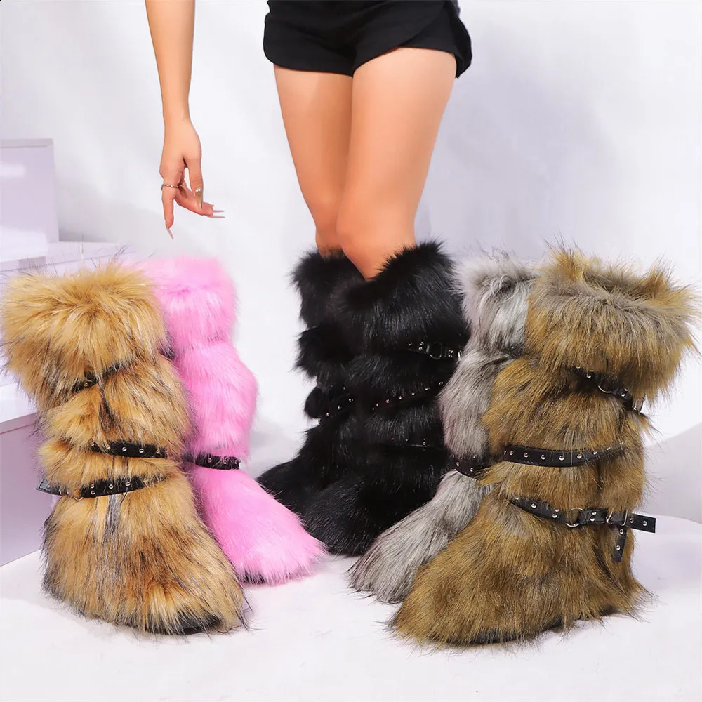 Winter Long fur y2k Sexy Snow Boot Big Size 44 Chic More Colors Buckle Belt Knee High Boots Shoes 250118