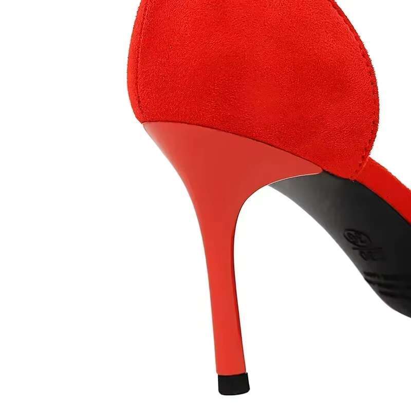 Big Size Fashion Women Daily Holiday Suede Green Red Pumps Lady 8.5cm High Basic Pointed Toe Hollow Wedding Middle Heels